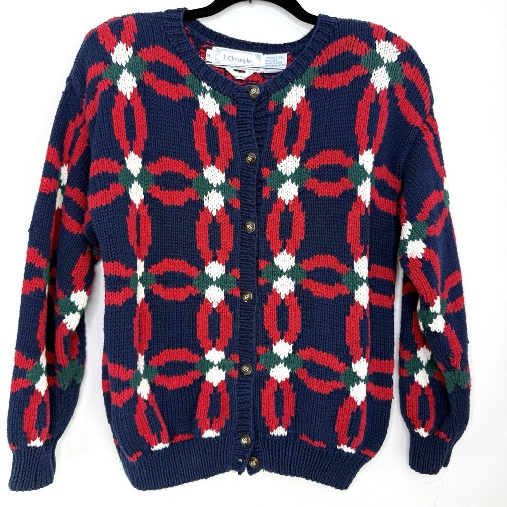 VTG 90s J Christopher Sweater‎ M Cotton Holiday Knit Cardigan Red Green Navy